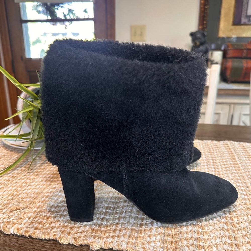 Rockport Black‎ Suede Sherpa Fold Over Block Heel Ankle Boots Pointed Toe US 8